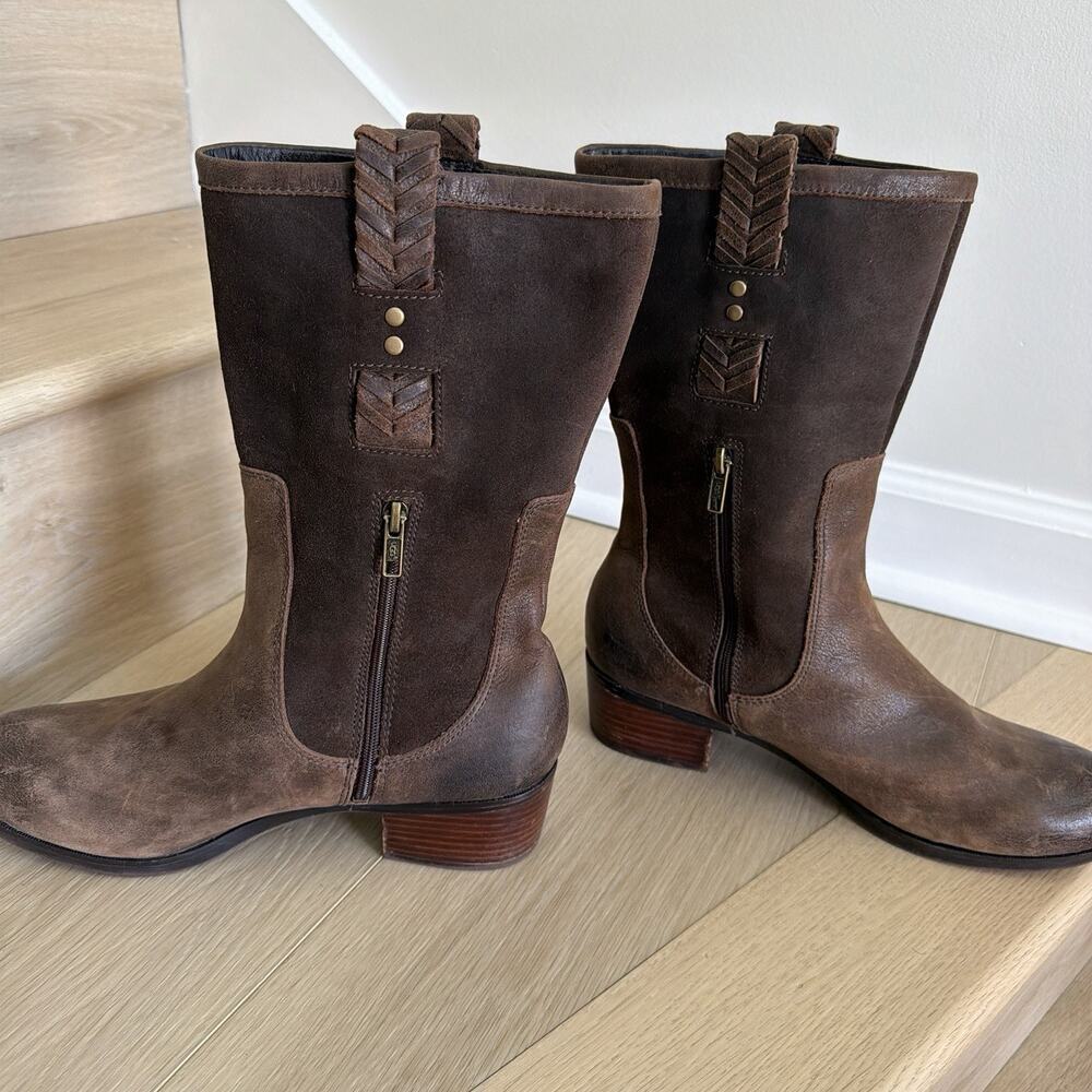 UGG Jaspan Mid-Calf Boots Oiled Suede & Leather Uppers Women’s Size 11 Brown - Picture 5 of 11